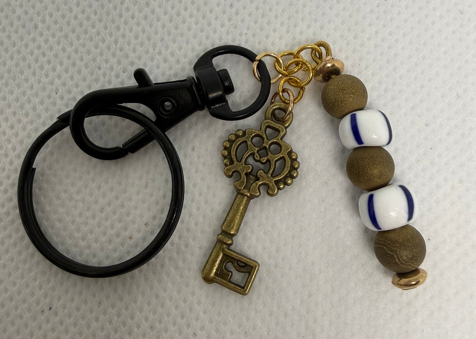 Keychain - Black, Gold Druzy Beads, Blue and White Chzech beads, Antique key