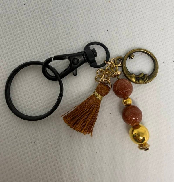 Keychain - Black, Goldstone Beads, Copper Tassel