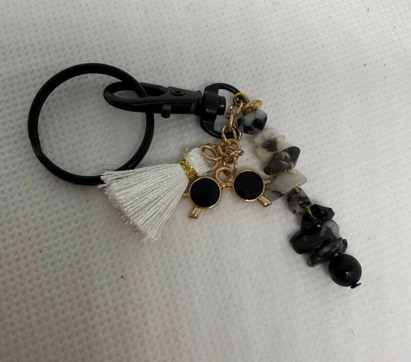 Keychain - Black, Moonstone Chips, Sunglasses, White Tassel