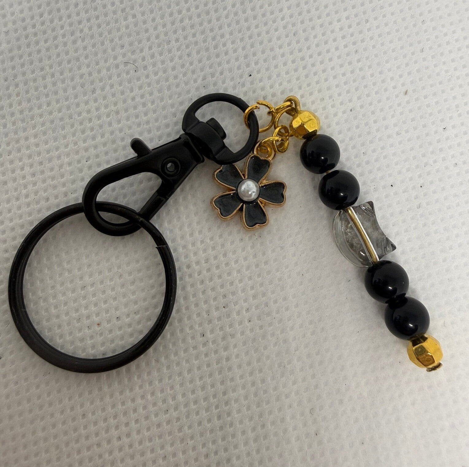 Keychain - Black, Onyx, Clear Cat Bead, Black Enamel Flower Charm