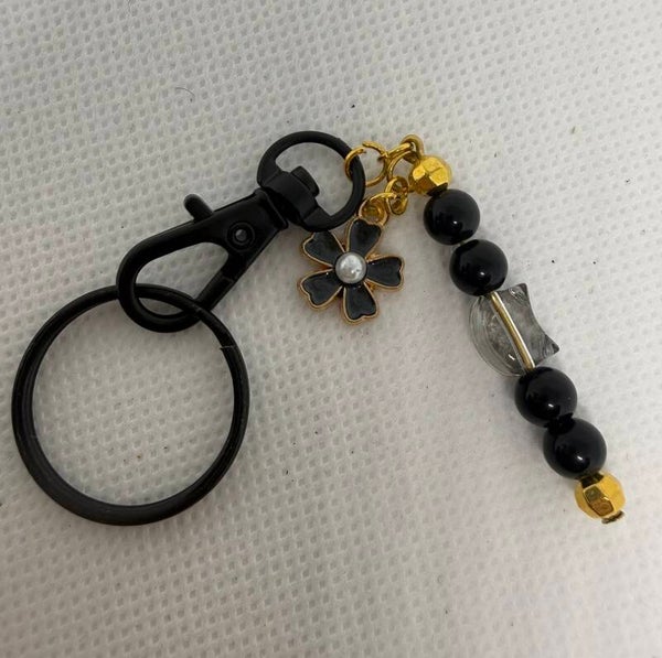 Keychain - Black, Onyx, Clear Cat Bead, Black Enamel Flower Charm