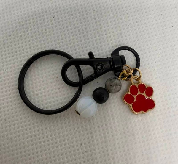 Keychain - Snowflake Obsidian, Onyx, White Czech Bead, Red Paw Charm
