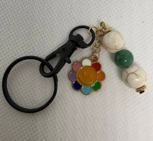 Keychain- Black, White Turquoise, Green Aventurine, Rainbow Sunflower Enamel Charm