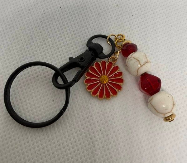 Keychain - black, White turquoise, Red Czech beads, red enamel flower