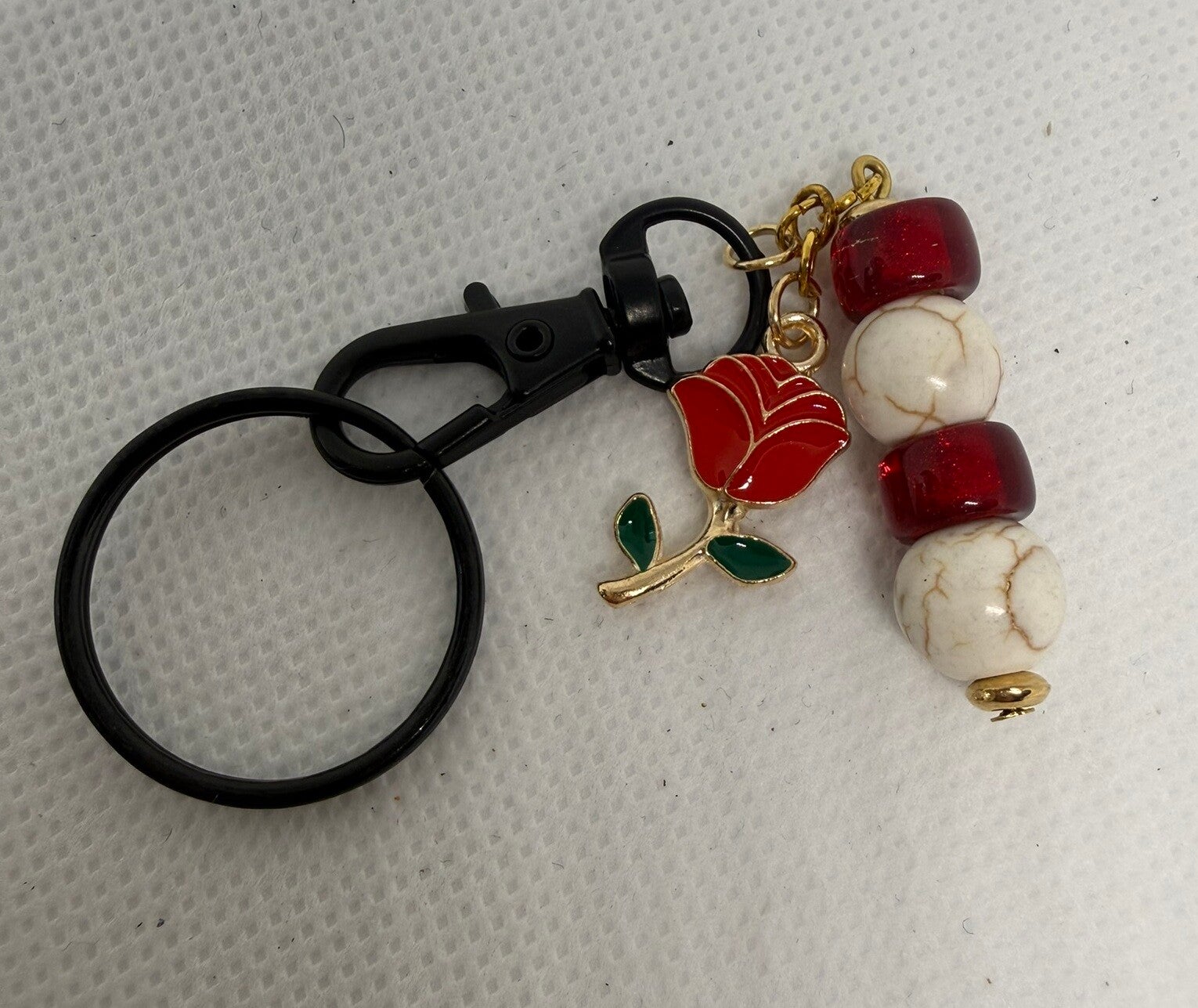 Keychain - Black, White Turquoise, Red Czech Beads, Red Enamel Rose Charm