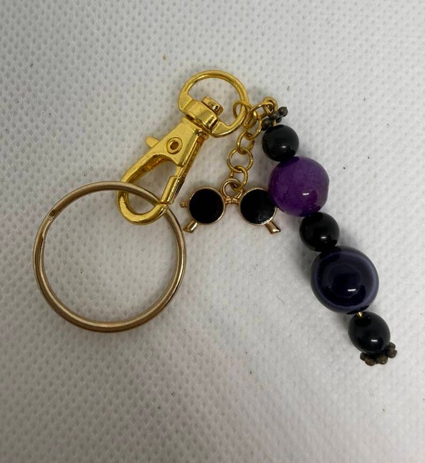 Keychain - Gold, Purple Agate, Onyx, Sunglasses charm