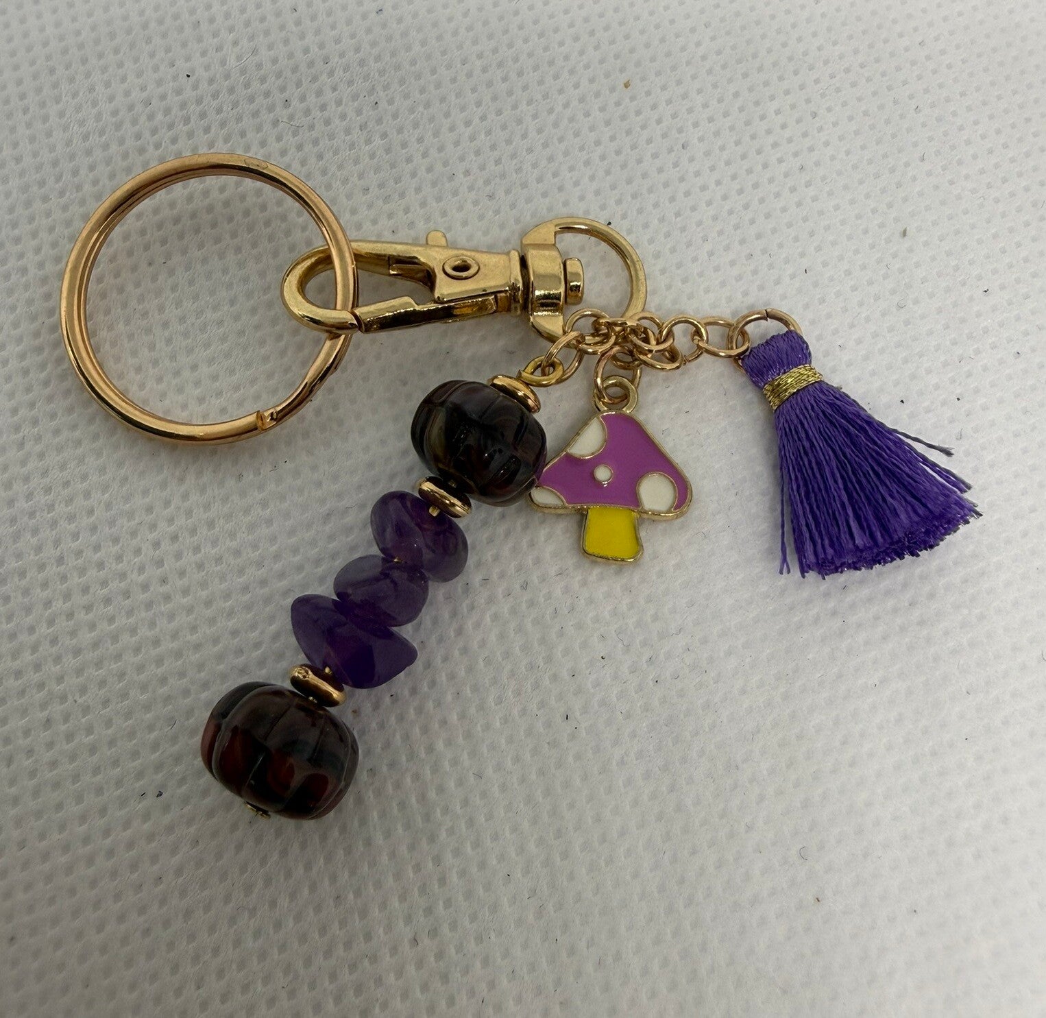 Keychain - Gold, Amethyst Chips, Purple Czech Beads, Purple Enamel Mushroom Charm, Purple Tassel