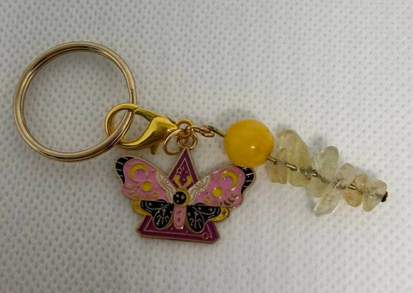 Keychain - Gold, Citrine Chips, Yellow Dyed Jade Bead, Pink and Yellow Enamel Butterfly Charm