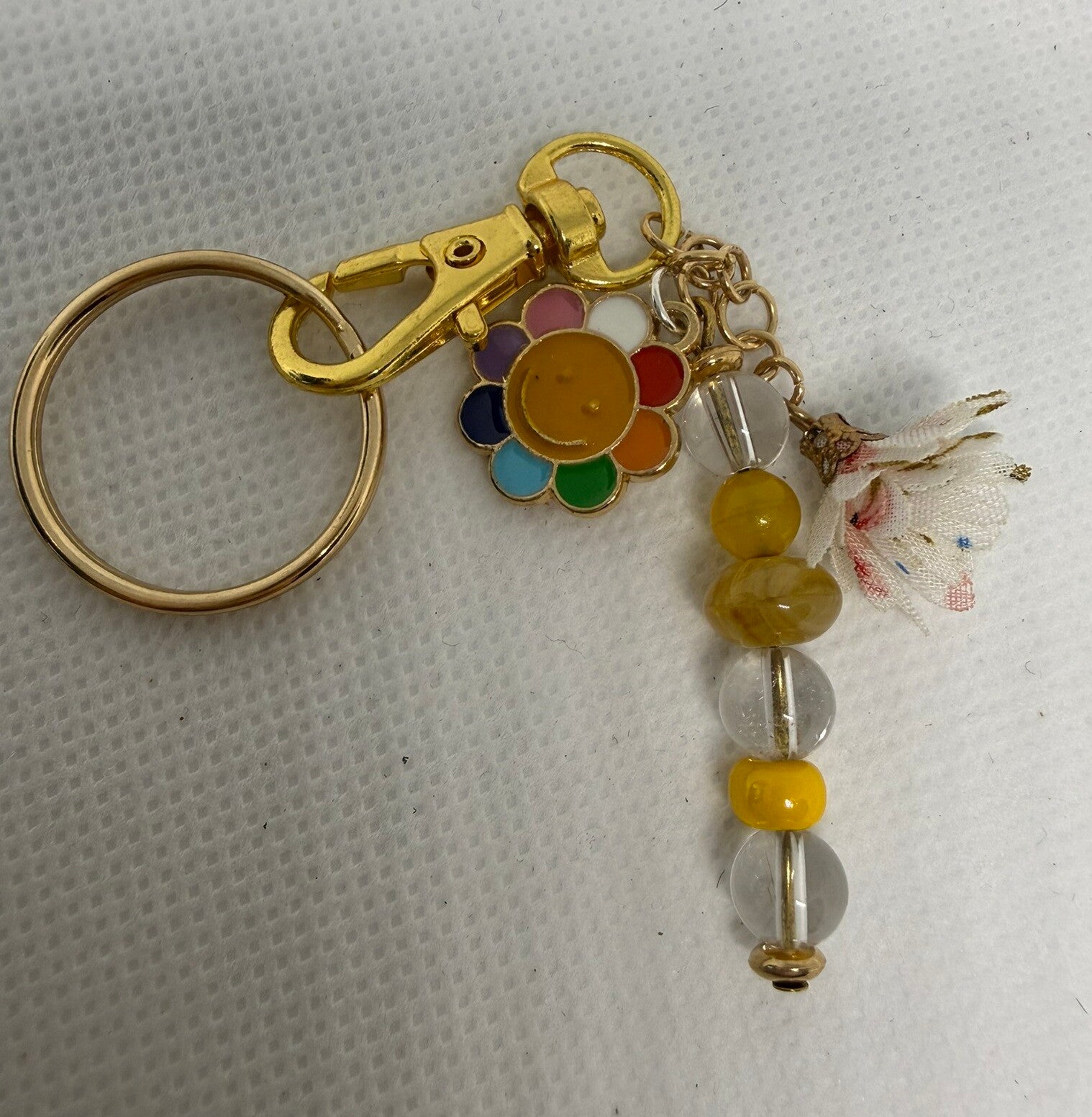 Keychain - Gold - Clear Quartz, Yellow Czech Beads, Rainbow Sunflower Enamel Charm