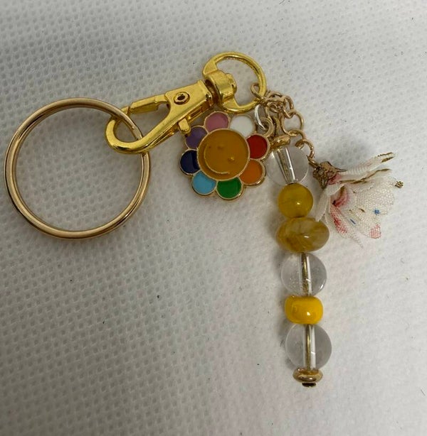 Keychain - Gold - Clear Quartz, Yellow Czech Beads, Rainbow Sunflower Enamel Charm