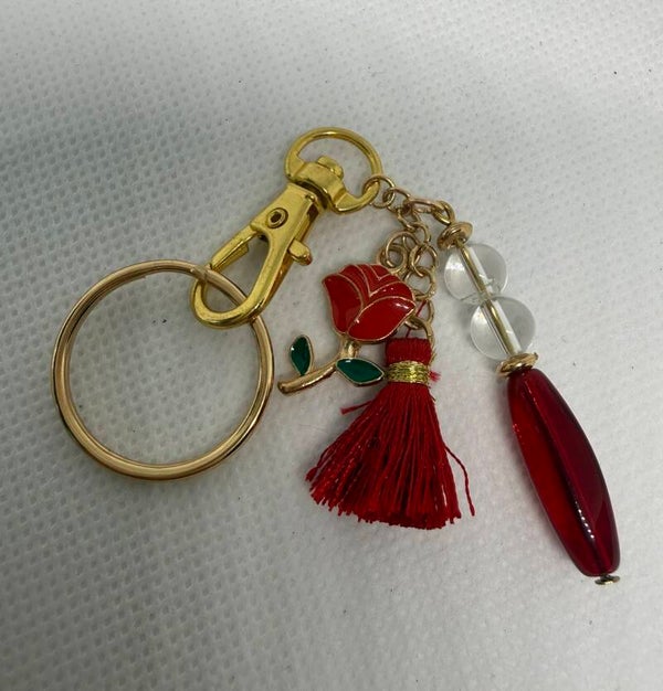Keychain - Gold, Clear Quartz, Long Oval Red Czech Bead, Red Enamel Rose Charm, Red Tassel