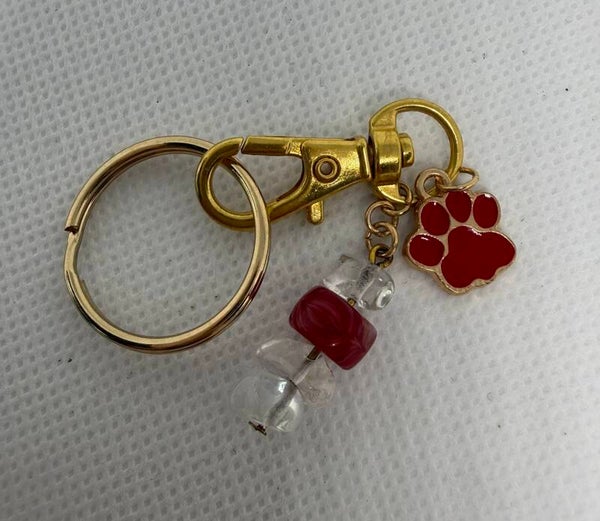 Keychain - Red,  Clear Quartz, Red Czech Bead, Red Enamel Paw Charm