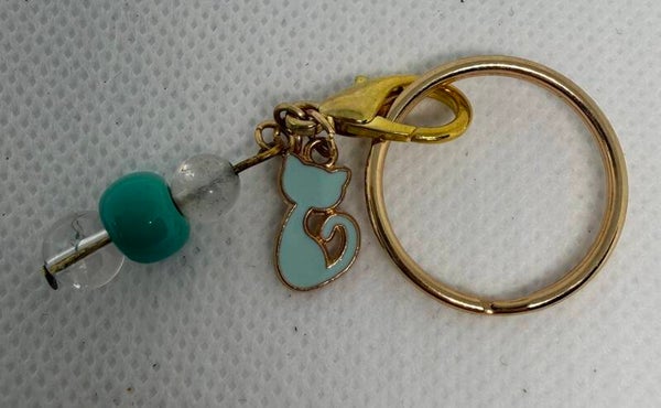 Keychain - Gold, Clear Quartz, Teal Enamel Cat Charm