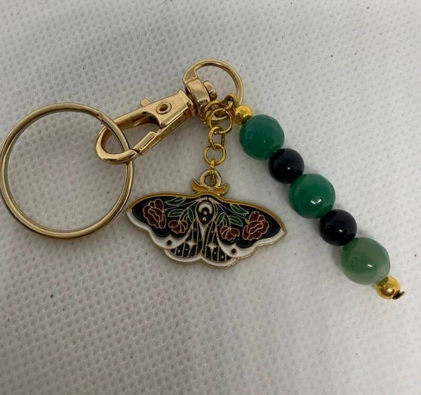 Keychain - Gold, Onyx and Green Aventurine, with Black Butterfly Enamel Charm