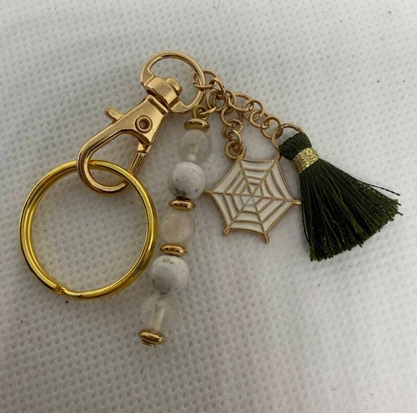 Keychain - Gold, Howlite, Cloudy Quartz, White Enamel Spider Charm, Olive Green Tassel