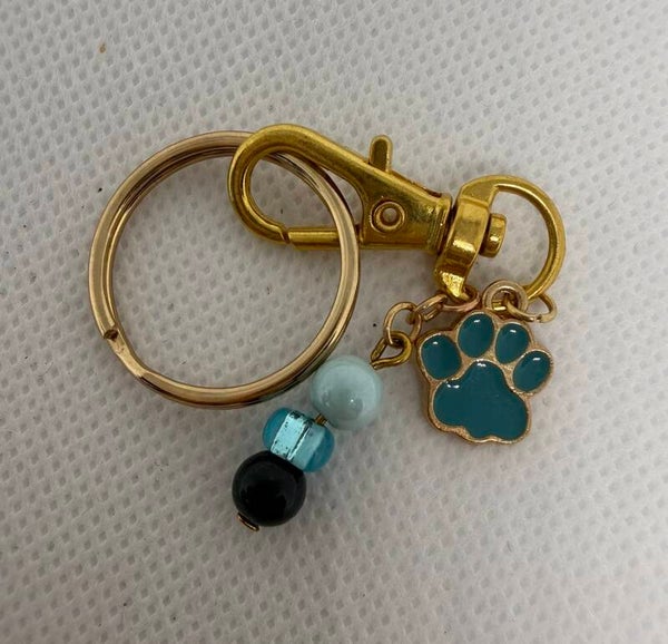 Keychain - Gold, Indian Blood Stone, Teal Czech Bead, Teal Enamel Paw Charm