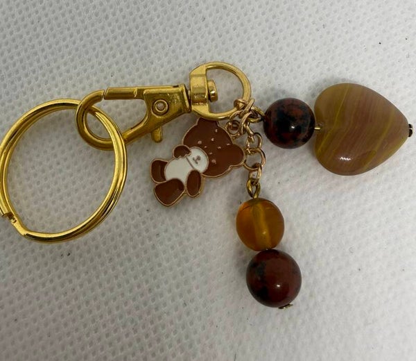Keychain - Gold, Mahogany Obsidian, Taupe Czech Heart, Brown Teddy Bear Charm