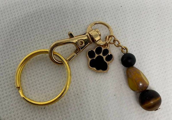 Keychain - Gold, Tiger's Eye, Onyx, Black Enamel Paw Charm