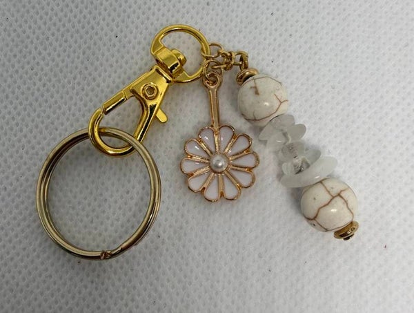 Keychain - Gold, White Turquoise, Clear Quartz Chips, White Enamel Flower Charm