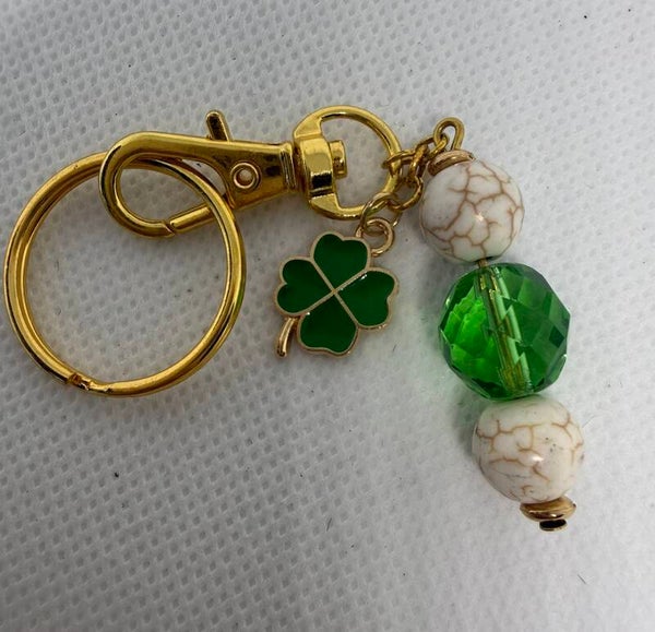Keychain - Gold, White Turquoise, Green Czech Faceted Bead, Green Four Clover Enamel Charm