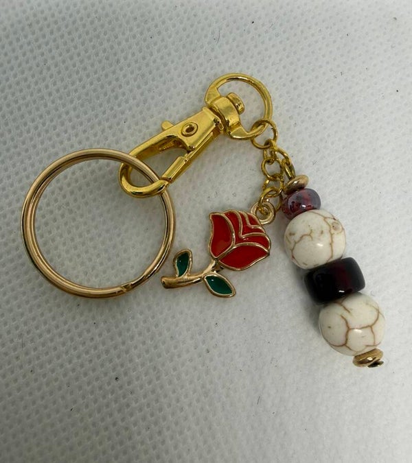 Keychain - Gold, White Turquoise, Red Czech Bead, Enamel Red Rose Charm
