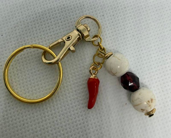 Keychain - Gold, White Turquoise, Red Czech Bead, Red Pepper Charm