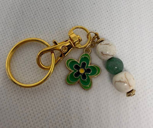 Keychain - Gold, White Turquoise, Green Czech Bead, Green Enamel Flower Charm
