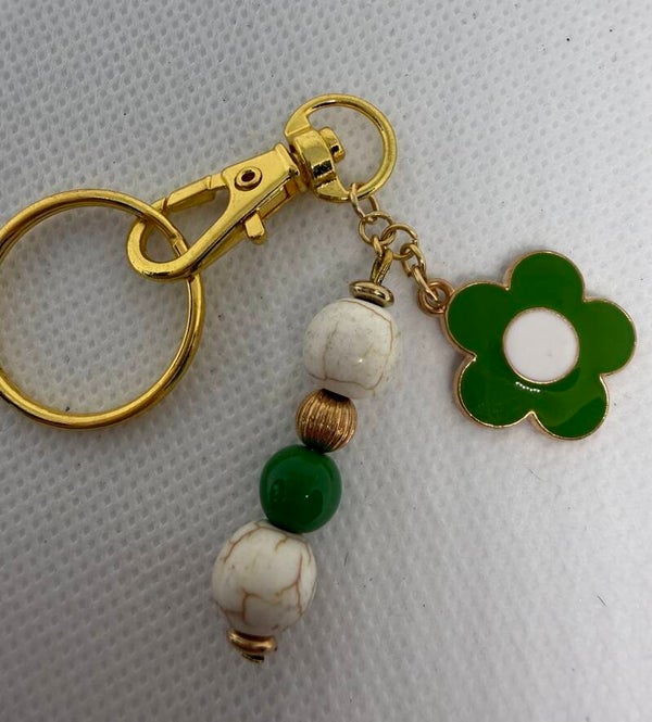 Keychain - Gold, White Turquoise, Green Dyed Jade Bead, Gold Spacer, Green Enamel Flower Charm