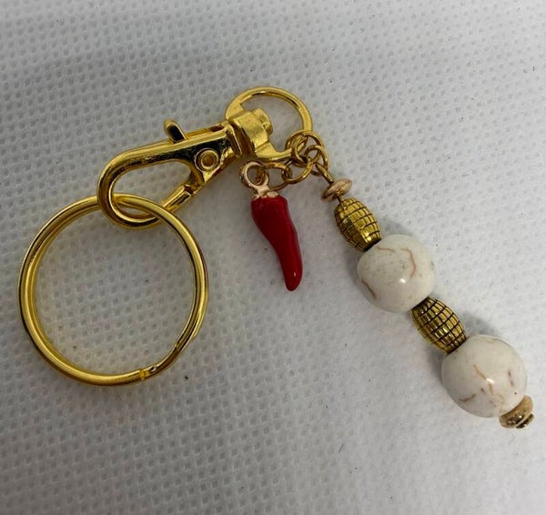 Keychain - Gold, White Turquoise, two Gold Spacers, Red Pepper Charm