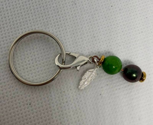 Keychain - Silver, Green Dyed Jade, Silver Leaf Charm