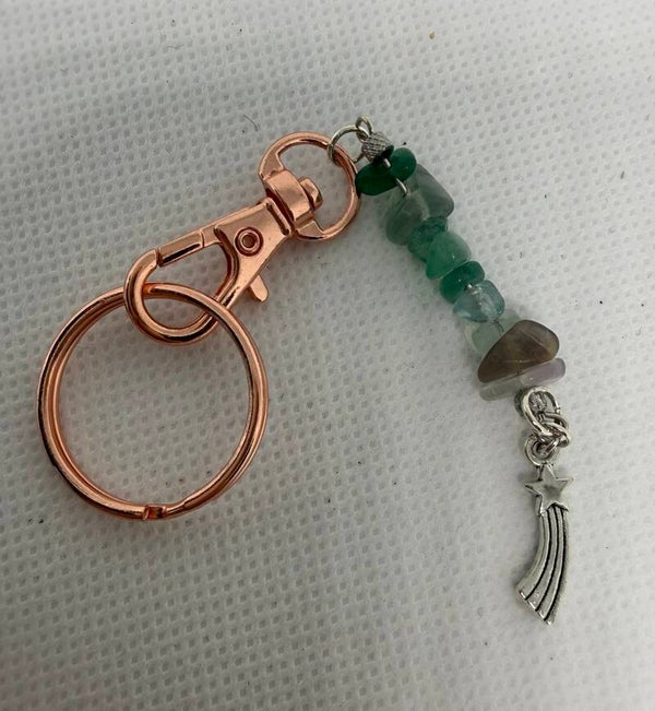 Keychain - Rose Quartz, Fluorite Chips, Silver Starburst Charm