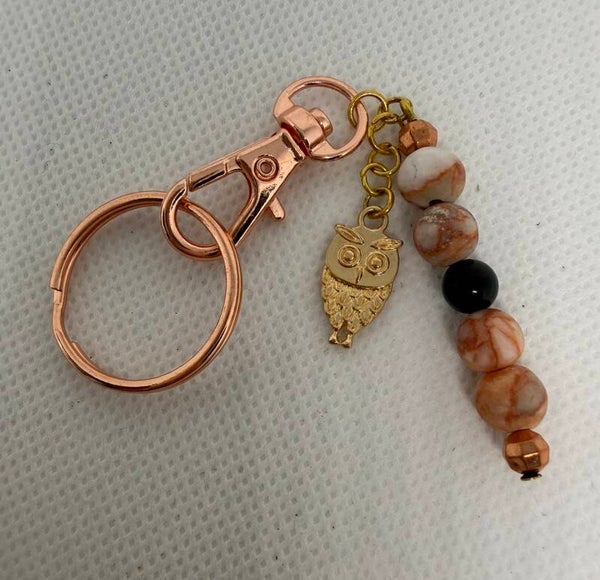 Keychain - Rose Gold, Red Jasper Matte, Onyx, Gold-plated Owl Charm