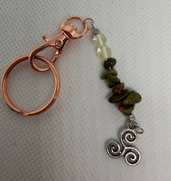 Keychain - Rose Quartz, Unakite Chips, Triskelion Silver Charm