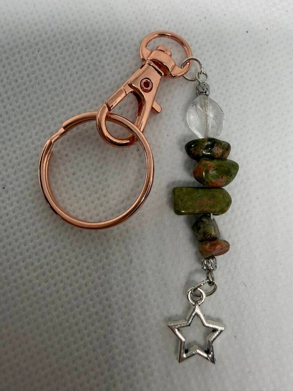 Keychain - Rose Quartz, Unakite Chips, Silver Star Charm