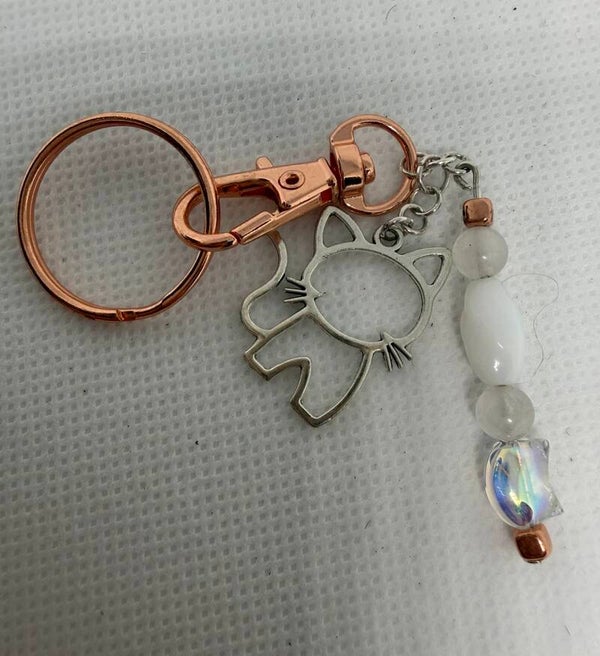 Keychain - Rose Quartz, Cloudy Quartz, Iridescent Cat Bead, Large Cat Charm