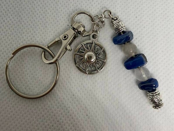 Keychain - Silver, Cloudy Quartz, Blue Glass Beads, Silver Sun Charm