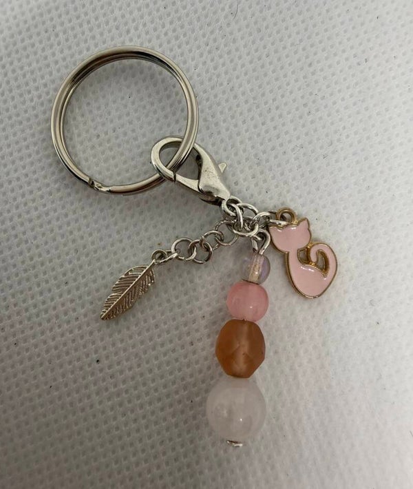 Keychain - Silver, Clear and Rose Quartz, Rose and White Czech Beads, Pink Enamel Cat Charm