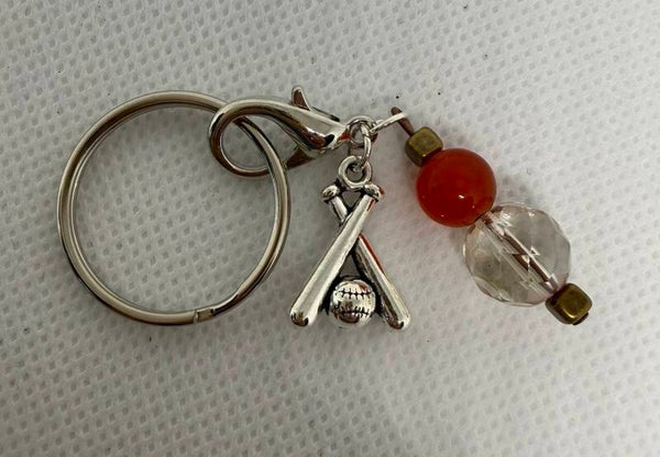Keychain - Silver, Red Jade Bead, Clear Czech Bead, Silver Baseball Charm