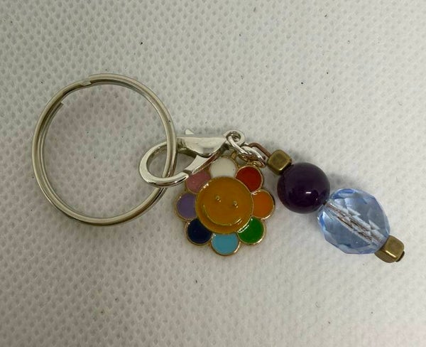 Keychain - Silver, Blue Dyed Jade Bead, Light Blue Czech Bead, Rainbow Sun Enamel Charm