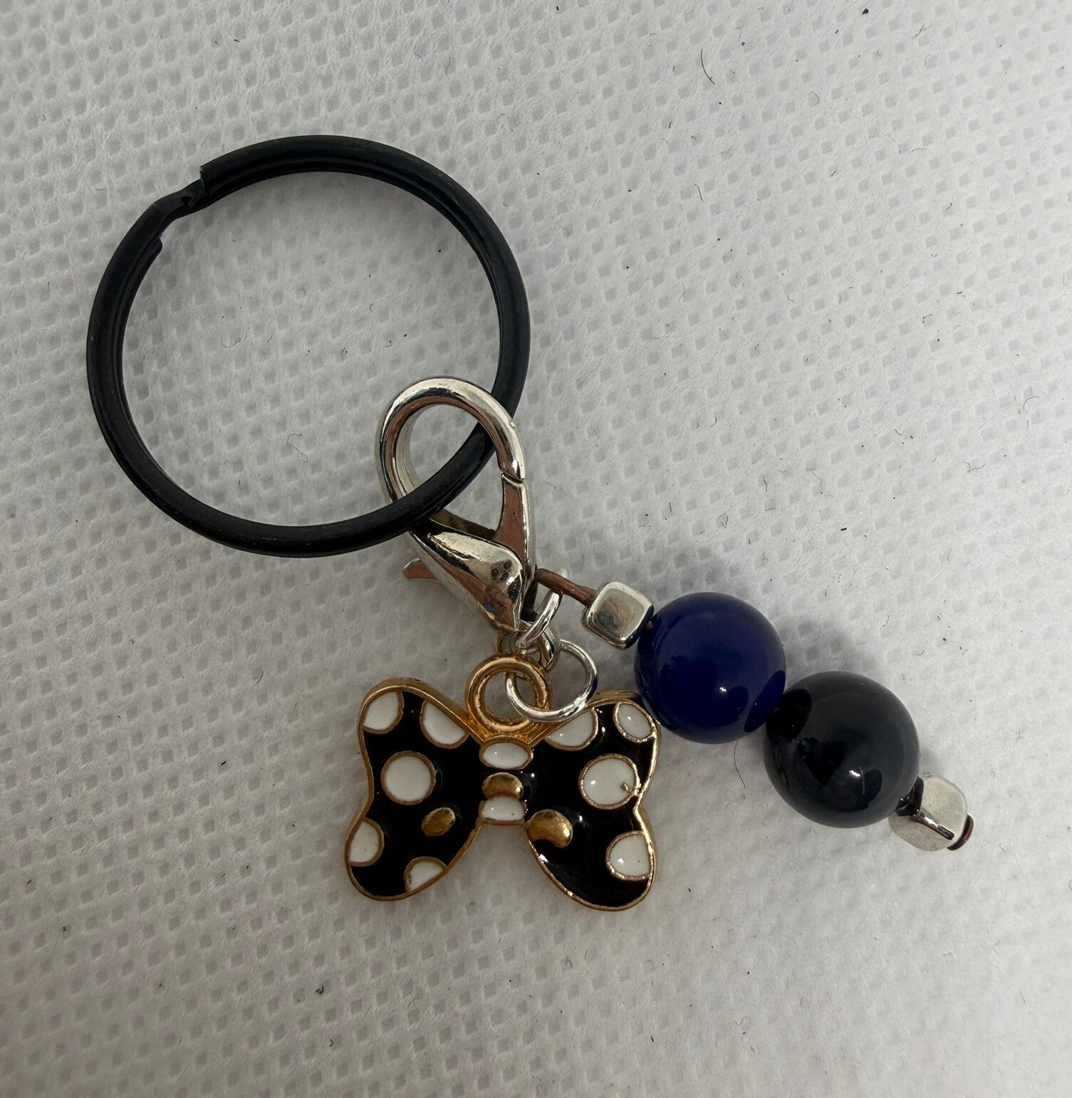 Keychain - Black, Blue Dyed Jade Bead, Black Czech Bead, Black and White Polka Dot Bow Enamel Charm