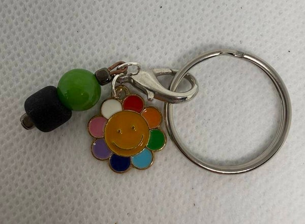 Keychain - Silver, Green Dyed Jade Bead, Rainbow Sun Enamel Charm