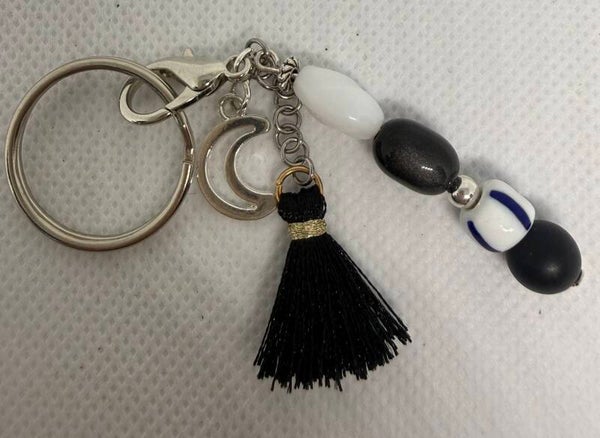 Keychain - Silver, Onyx Matte Bead, White and Silver Oval  and white and Black Czech Beads, Silver half moon charm, black tassel