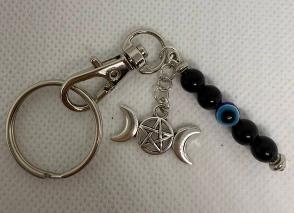Keychain - Silver, Onyx, Nazar, Silver Triple Goddess Charm