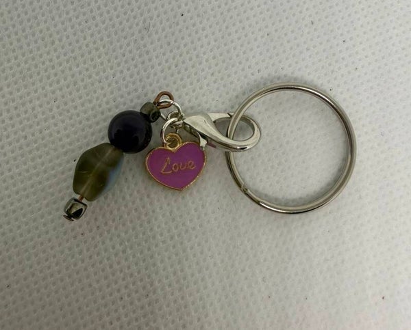 Keychain - Silver, Onyx, Purple Enamel "LOVE" Heart Charm