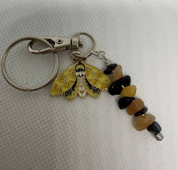 Keychain - Silver, Black Tourmaline and Peach Moonstone Chips, Yellow and Black Enamel Feather Butterfly Charm