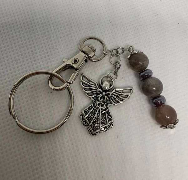 Keychain - Silver, Brown Moonstone, Silver Angel Charm