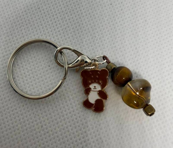 Keychain - Silver, Tiger's Eye, Cream Czech Bead, Teddy Bear Charm
