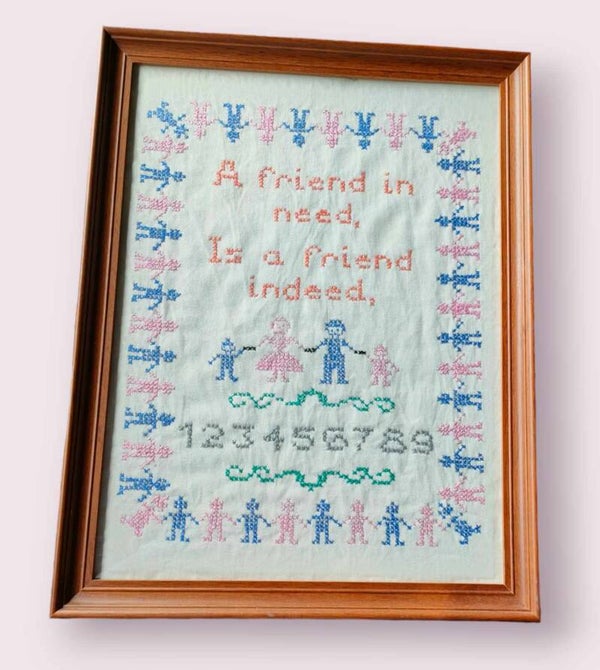 "Vintage Cross Stitch Sampler 'A Friend in Need' | Framed Needlework | Traditional Embroidery"