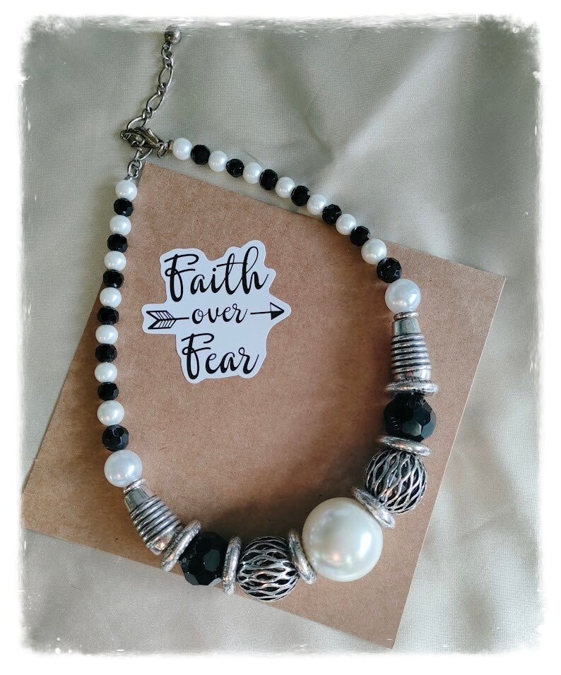 Faith over Fear Black and White beaded necklace