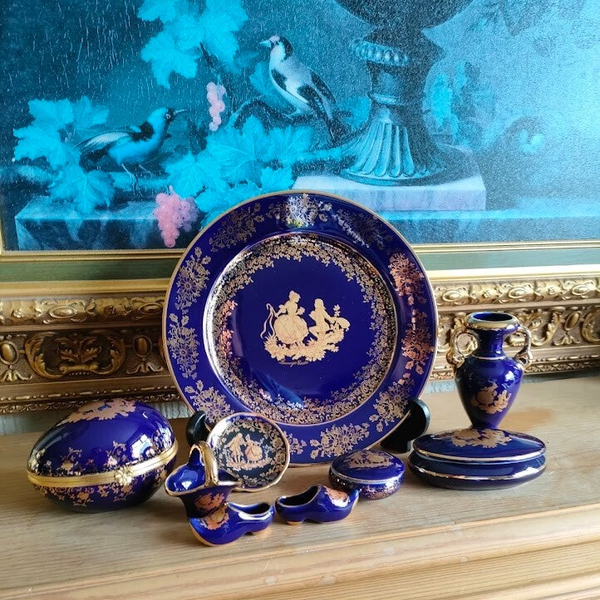 Limoges Castel French Cobalt Blue Porcelain with gold detail x 9 pieces